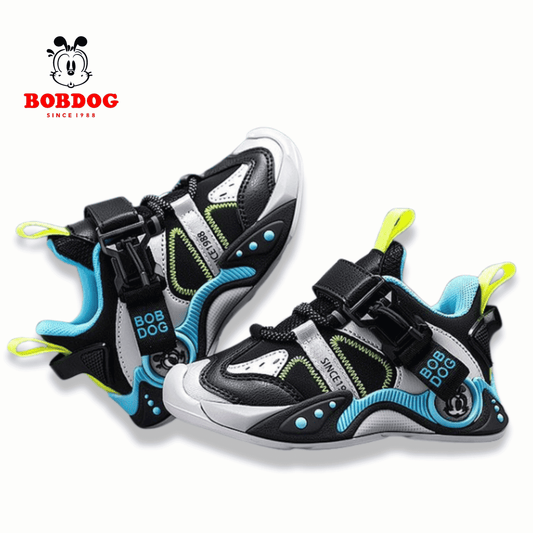 BOBDOG-Neon детски маратонки черно/синьо с шита подметка и мемори стелка, олекотени, лесно обуване, издръжливи за игра и спорт