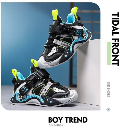 BOBDOG-Neon детски маратонки черно/синьо с шита подметка и мемори стелка, олекотени, лесно обуване, издръжливи за игра и спорт