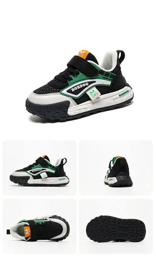 BOBDOG-Scales детски маратонки черно-бели със зелени акценти, шита подметка, мемори стелка, лесно обуване, олекотени